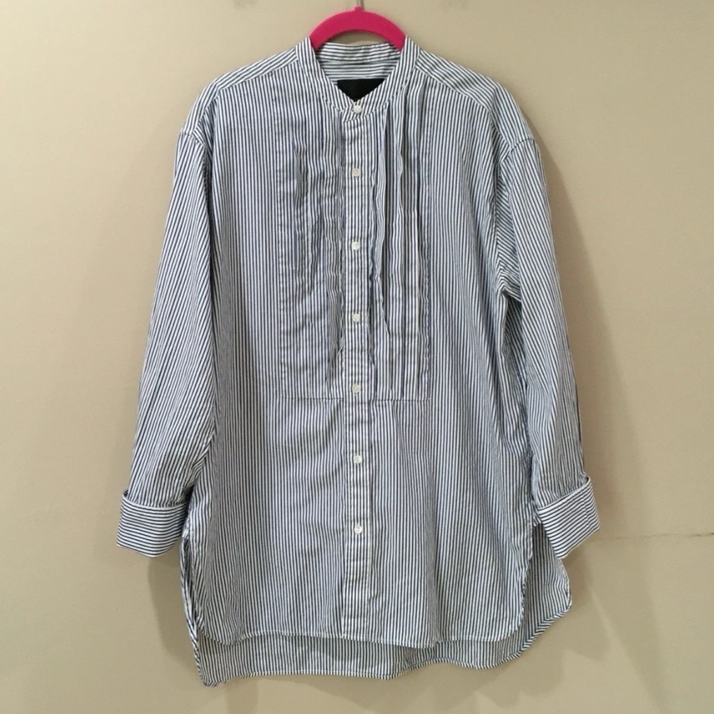 Nili Lotan Womens S Blue White Striped Tuxedo Bib Front Tunic Shirt Band Collar